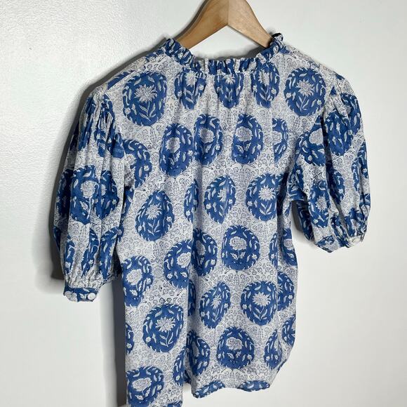 Marea Puff Sleeve Button Up Blouse Womens Small Blue Floral Block Print Cotton - Picture 5 of 8